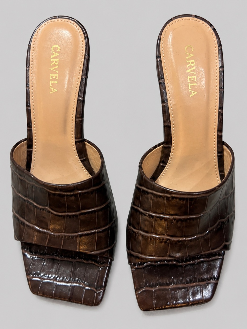 Carvela Grow Croc Embossed Brown Mule Heels 36.5 Sculptural Kitten Heel NWOB 6.5